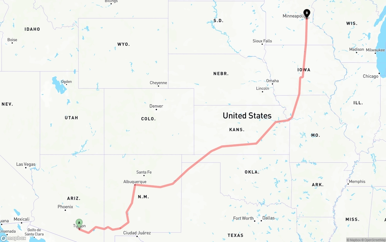 Shipping route from Tucson to Minneapolis