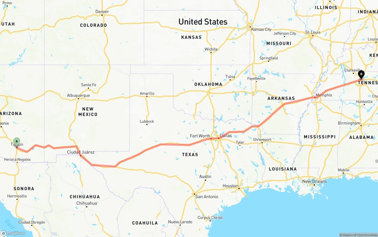 Shipping route from Tucson to Nashville