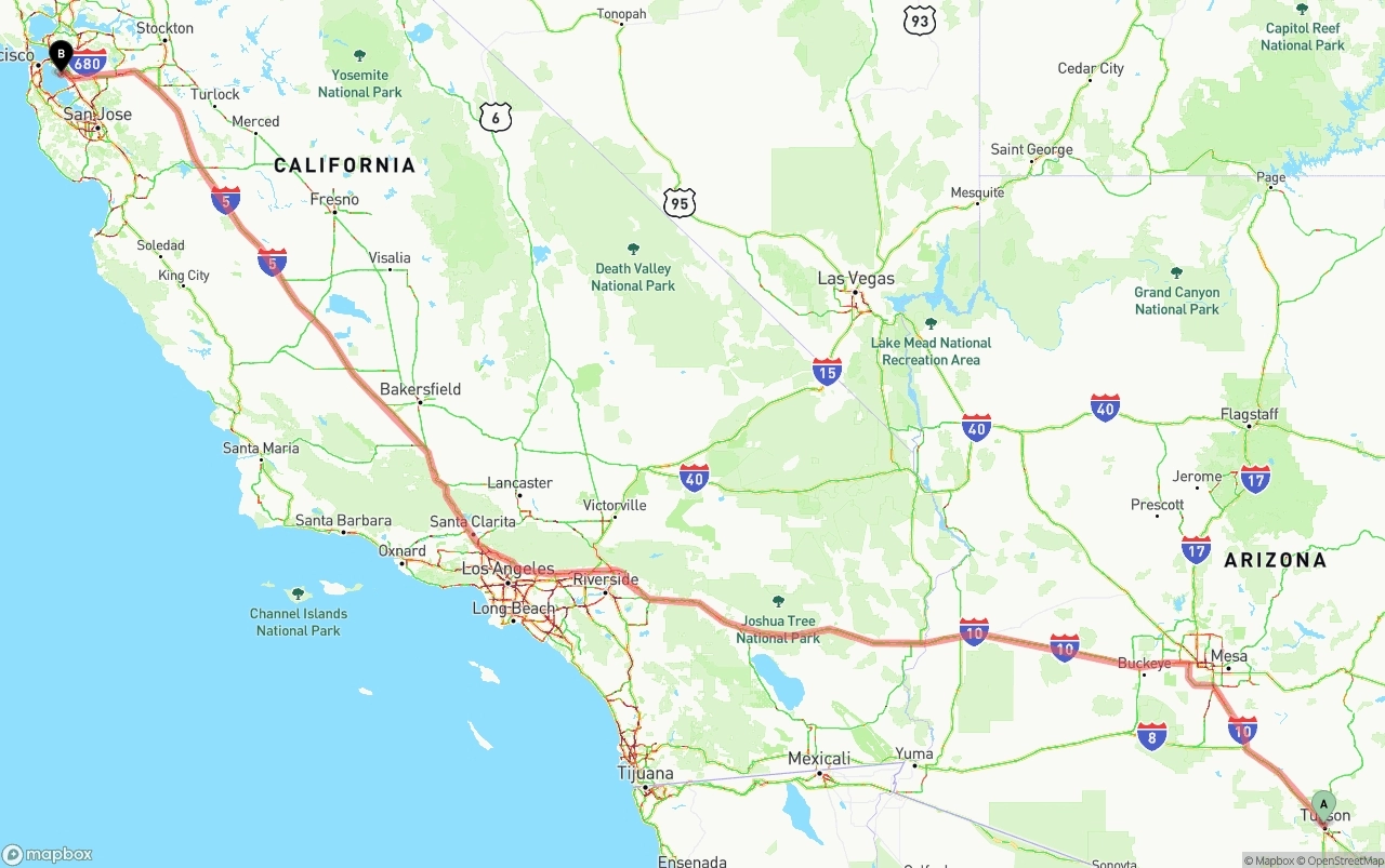 Shipping route from Tucson to Oakland International Airport