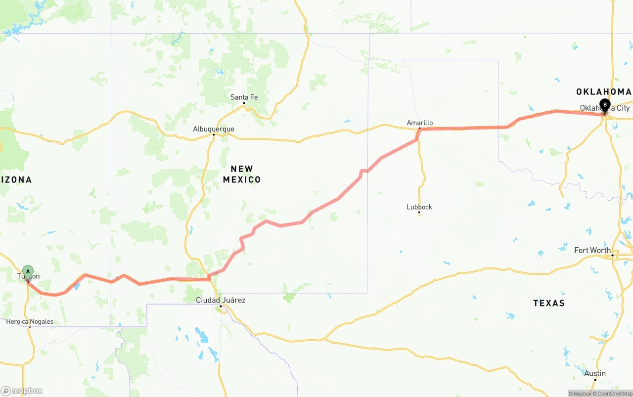 Shipping route from Tucson to Oklahoma City