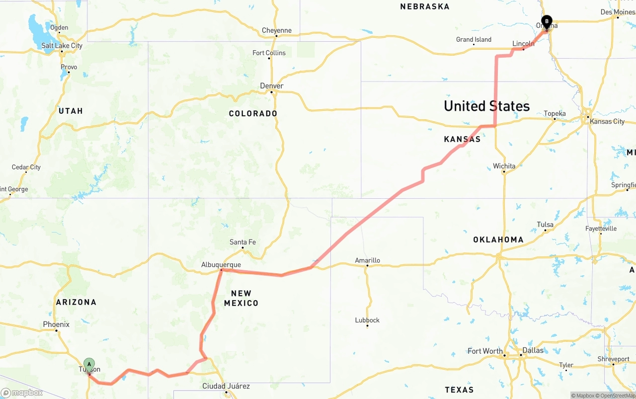 Shipping route from Tucson to Omaha