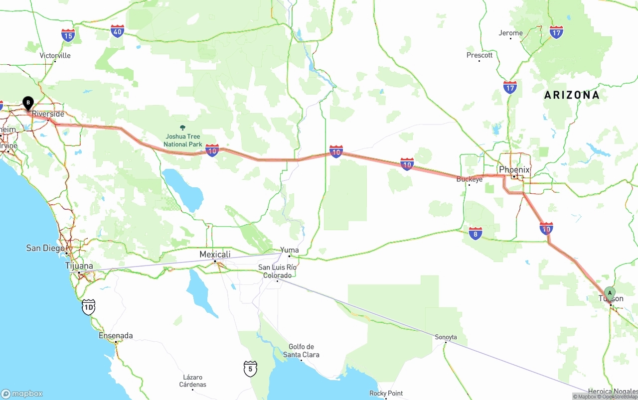 Shipping route from Tucson to Ontario International Airport