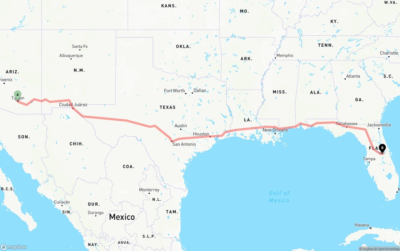 Shipping route from Tucson to Orlando