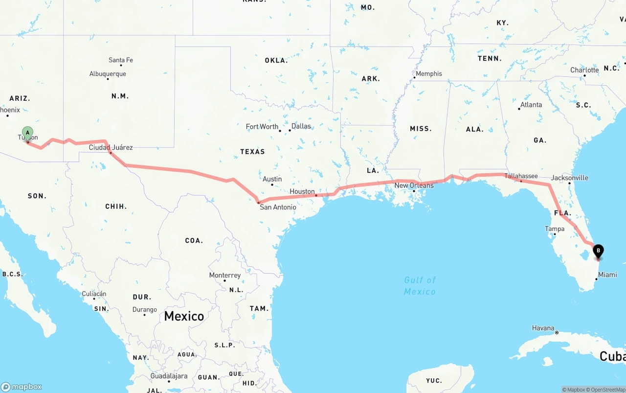 Shipping route from Tucson to Palm Beach International Airport