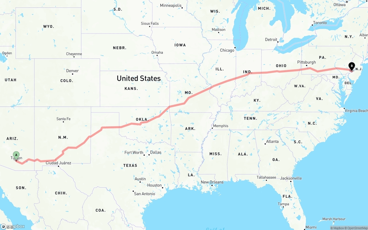 Shipping route from Tucson to Philadelphia