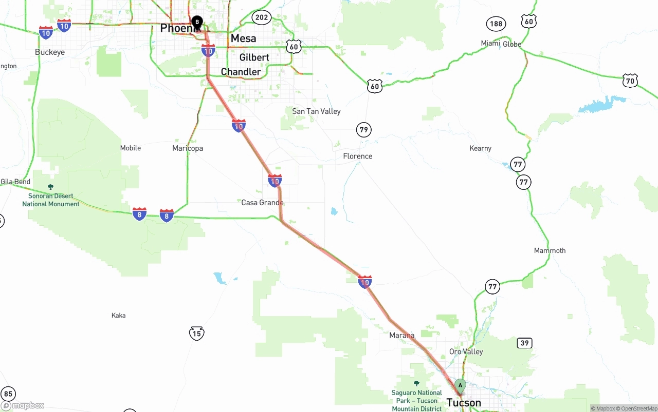 Shipping route from Tucson to Phoenix Sky Harbor International Airport