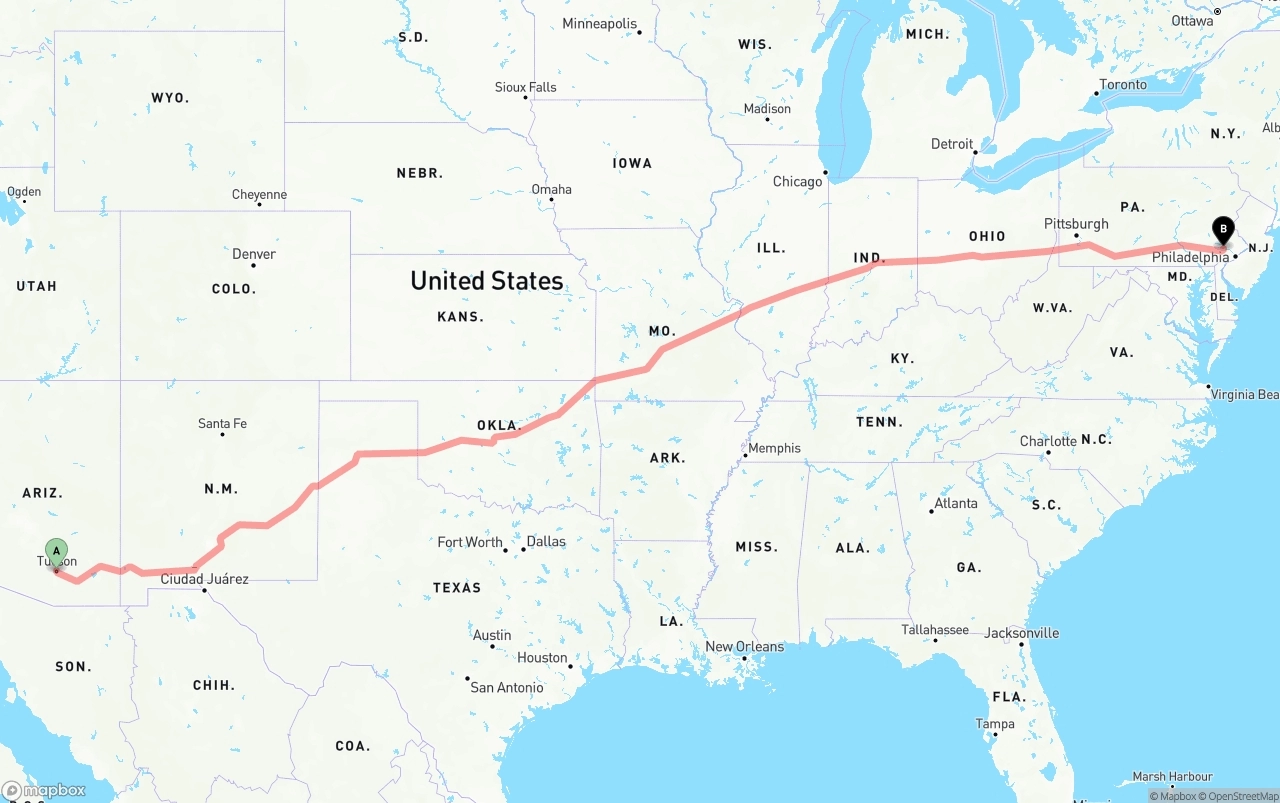 Shipping route from Tucson to Phoenix