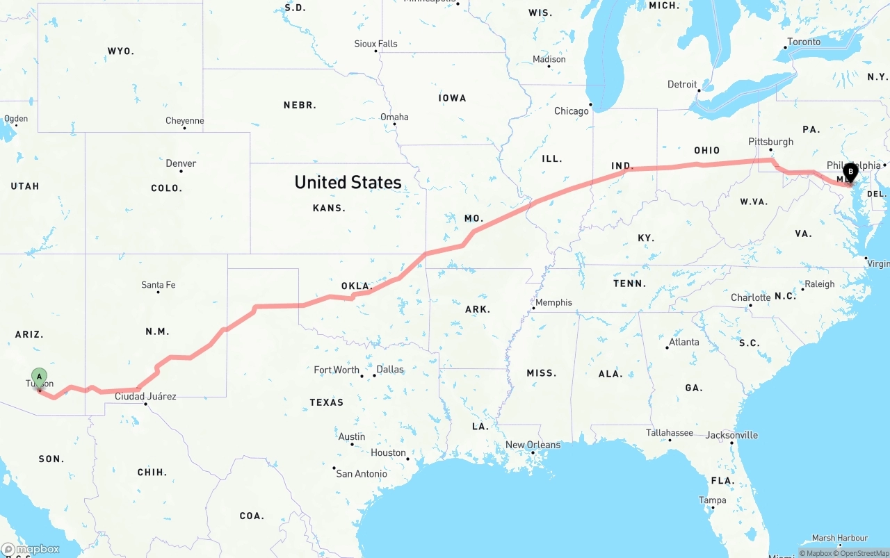 Shipping route from Tucson to Port of Baltimore