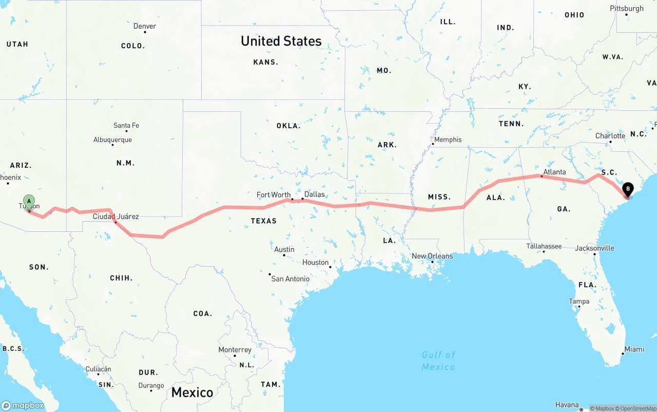 Shipping route from Tucson to Port of Charleston