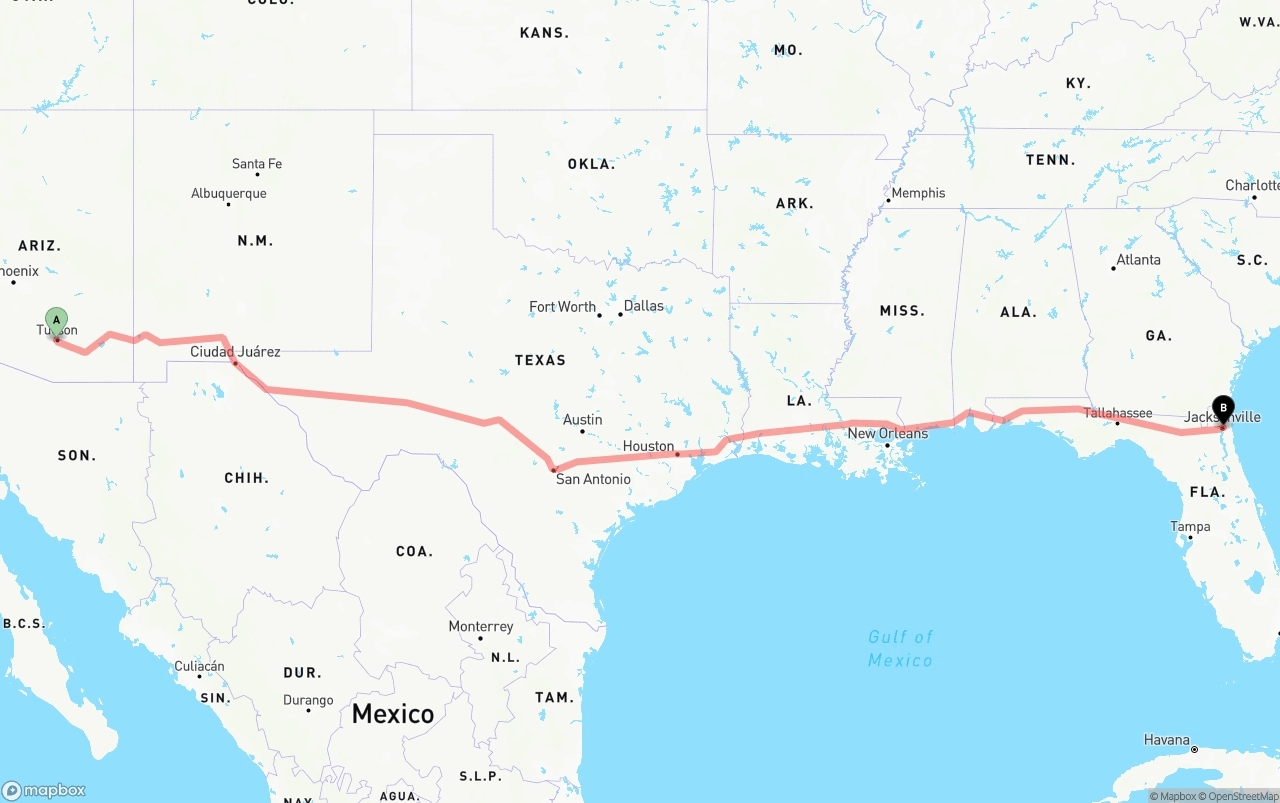 Shipping route from Tucson to Port of Jacksonville