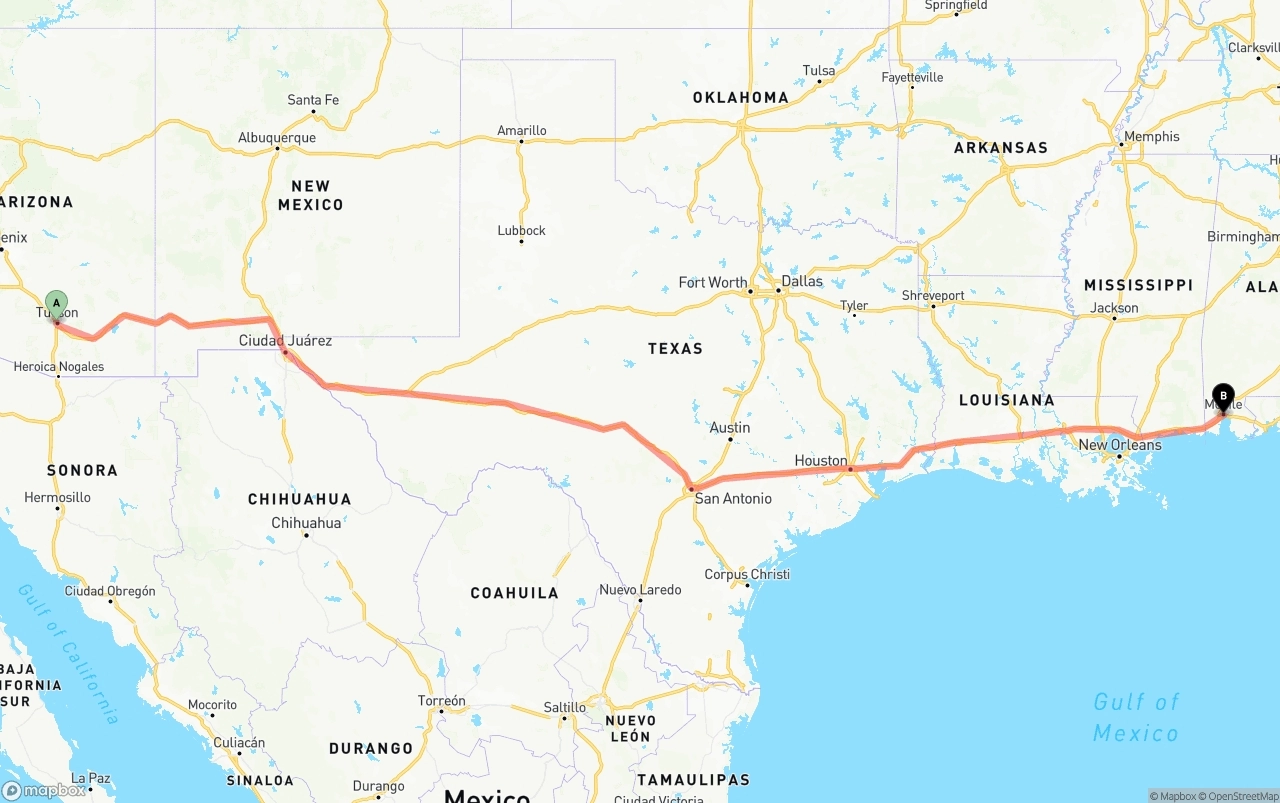 Shipping route from Tucson to Port of Mobile