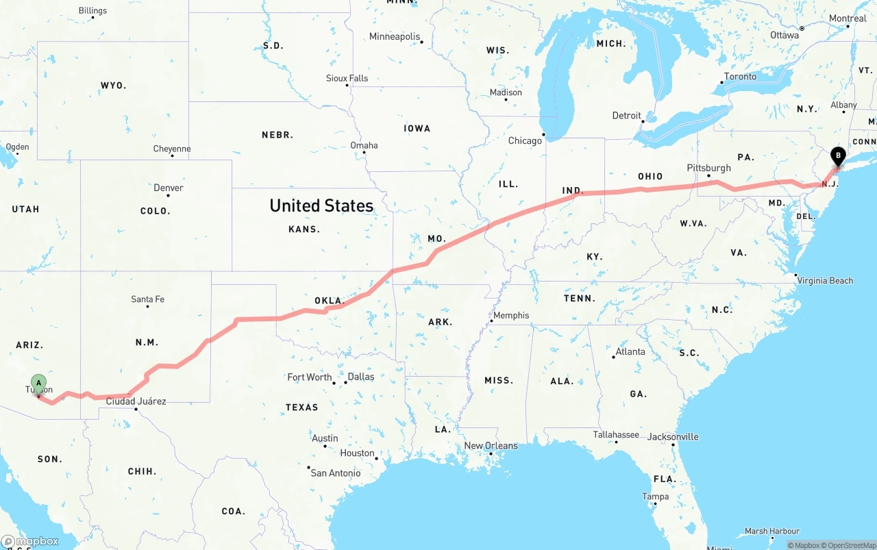 Shipping route from Tucson to Port of New York