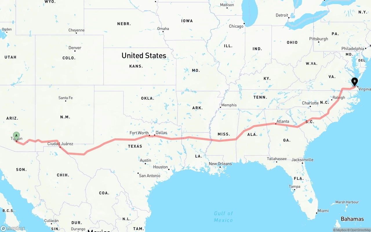 Shipping route from Tucson to Port of Norfolk