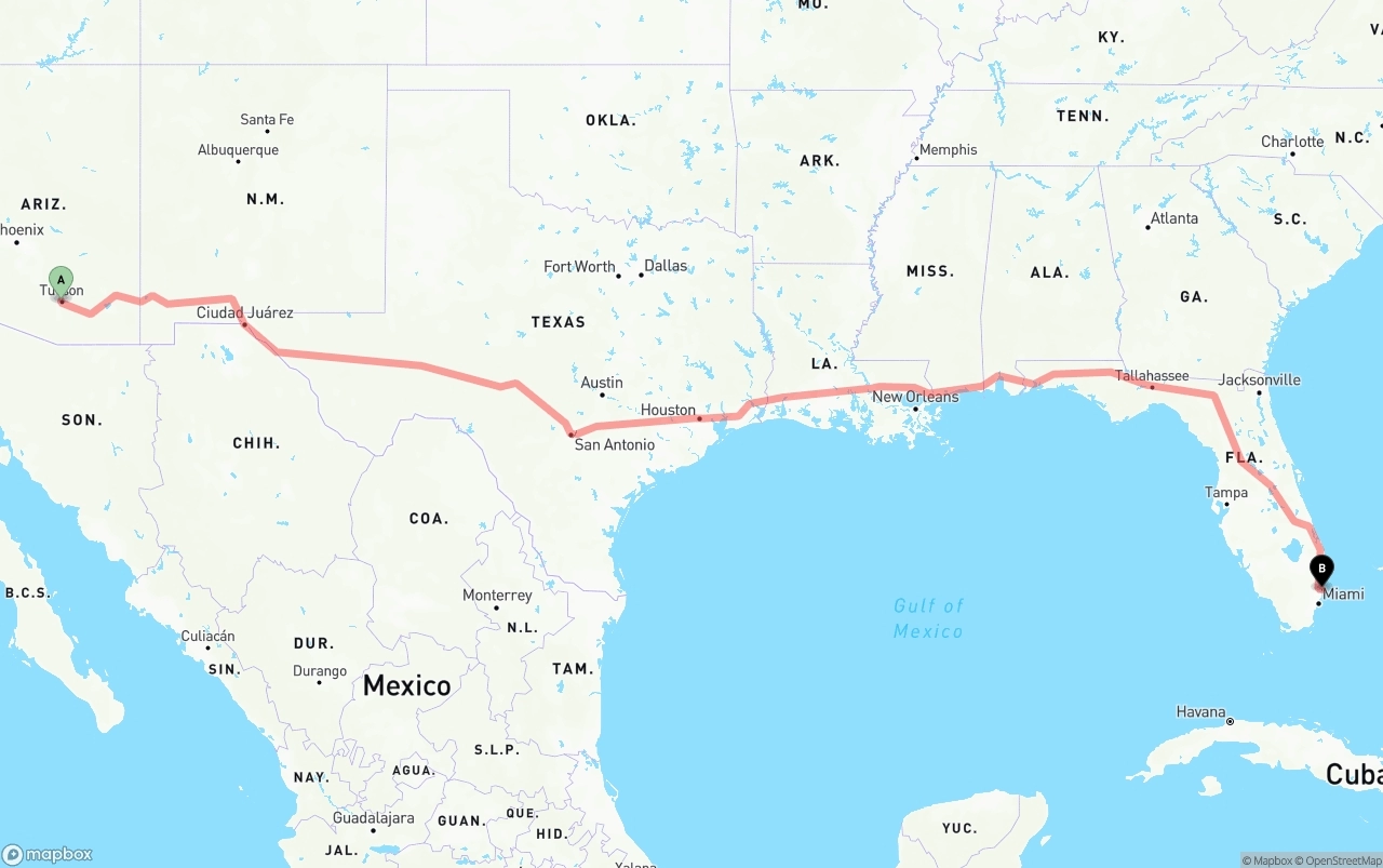 Shipping route from Tucson to Port of Port Everglades