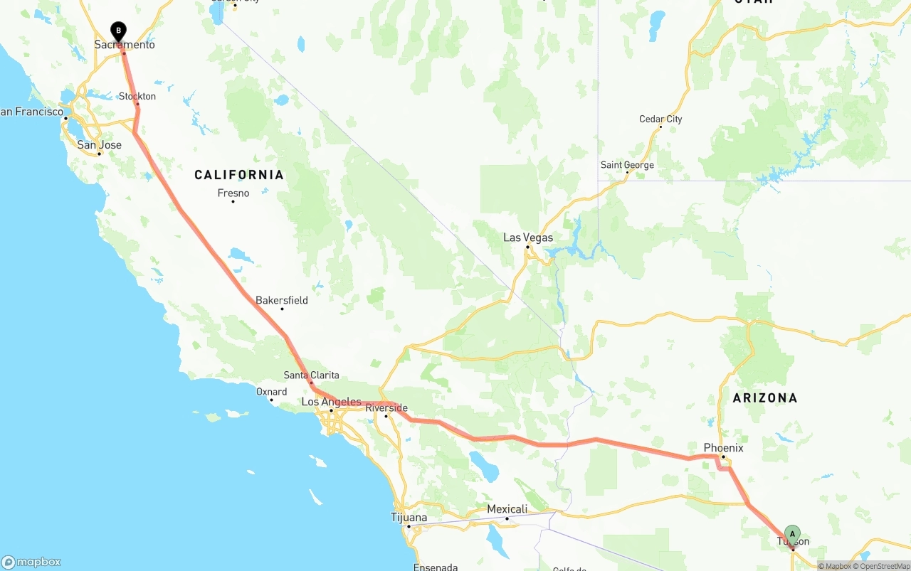 Shipping route from Tucson to Sacramento International Airport