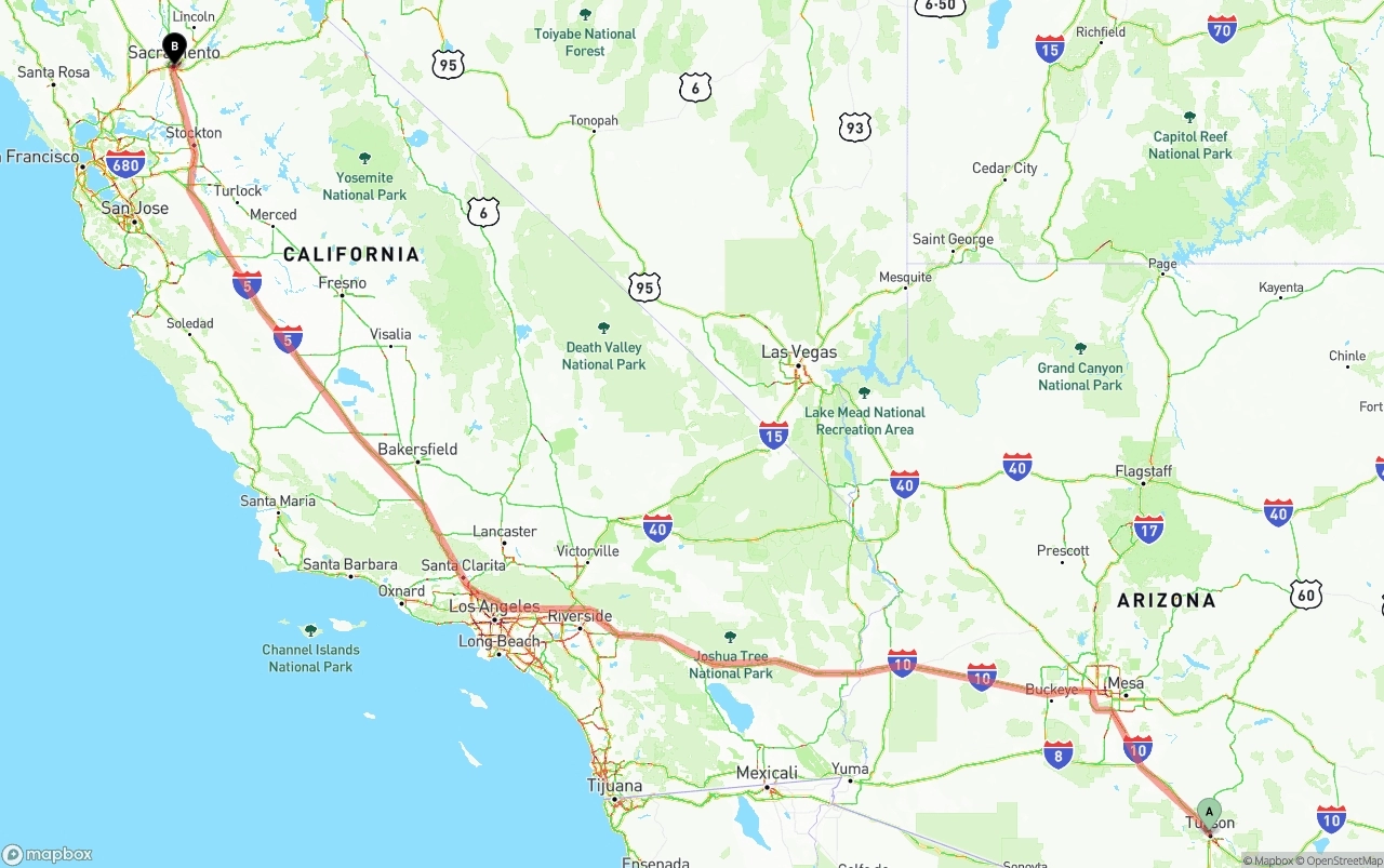 Shipping route from Tucson to Sacramento