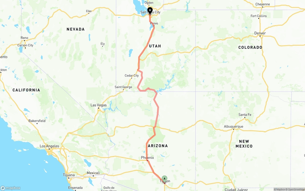 Shipping route from Tucson to Salt Lake City