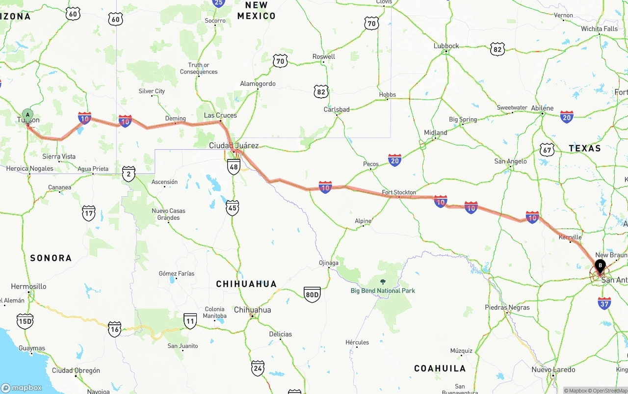 Shipping route from Tucson to San Antonio