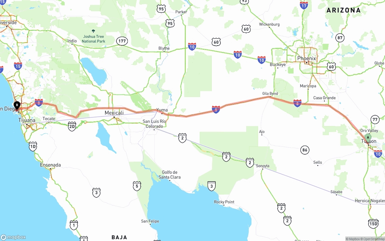 Shipping route from Tucson to San Diego International Airport