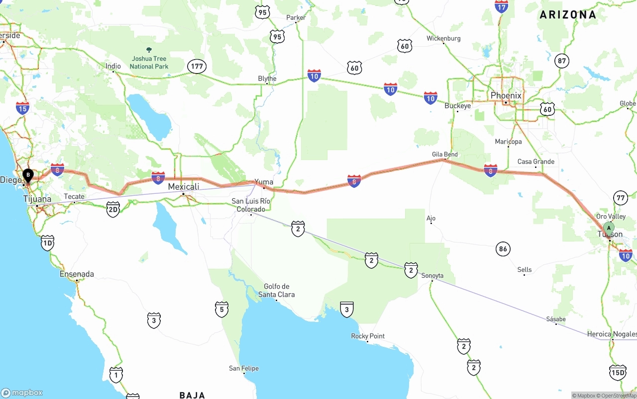 Shipping route from Tucson to San Diego