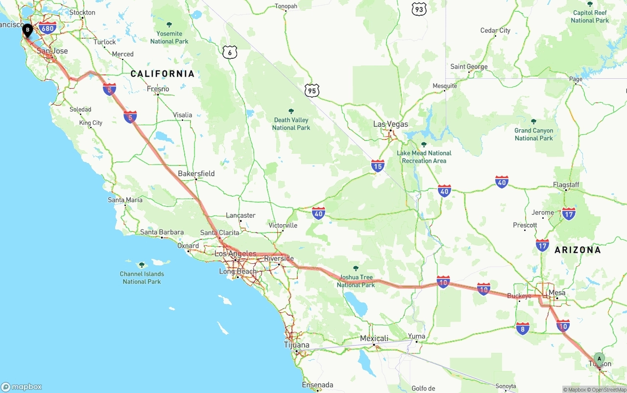 Shipping route from Tucson to San Francisco International Airport