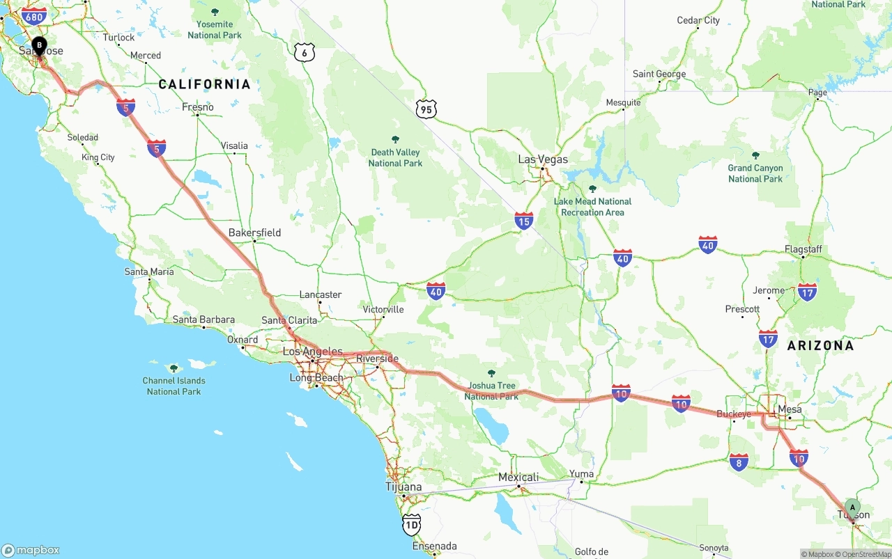 Shipping route from Tucson to San Jose