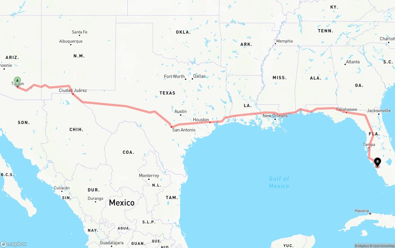 Shipping route from Tucson to Southwest Florida International Airport