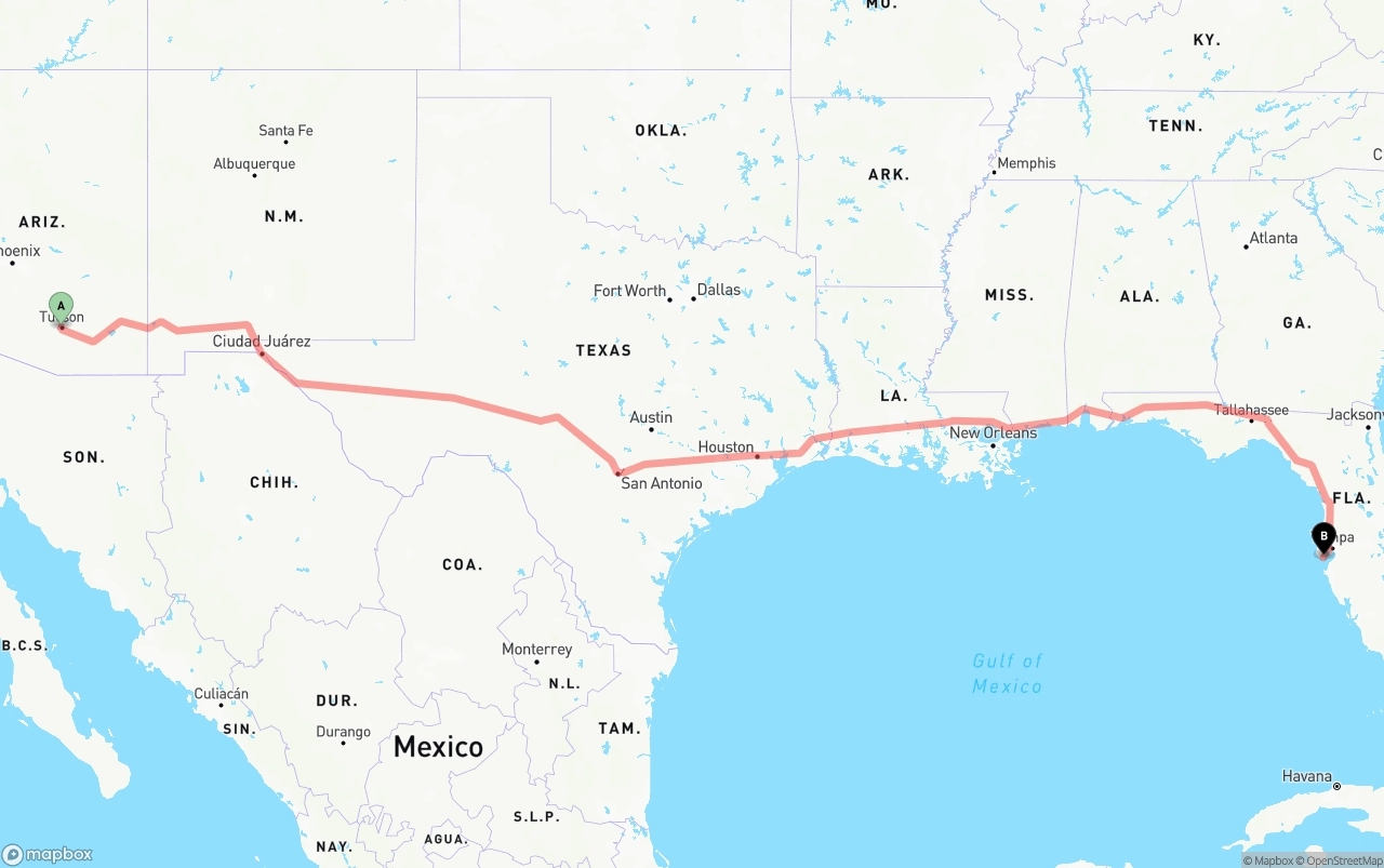 Shipping route from Tucson to St. Petersburg