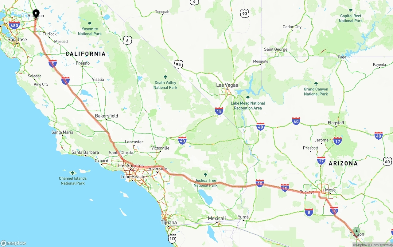 Shipping route from Tucson to Stockton