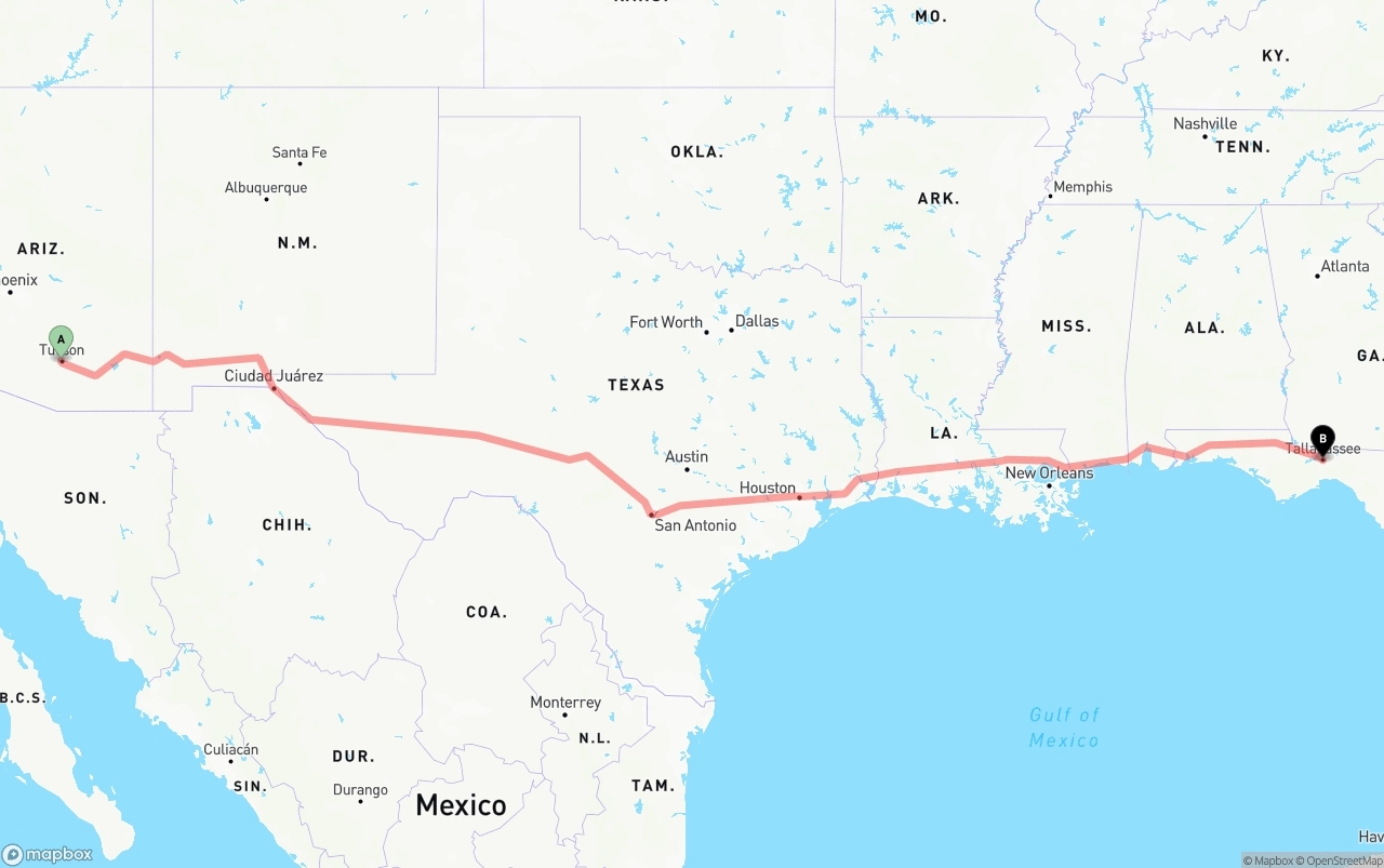 Shipping route from Tucson to Tallahassee