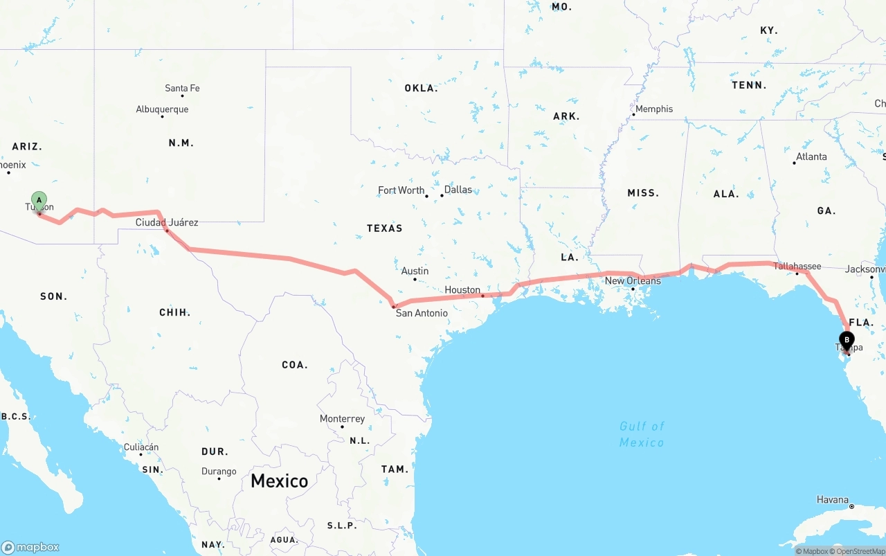Shipping route from Tucson to Tampa International Airport