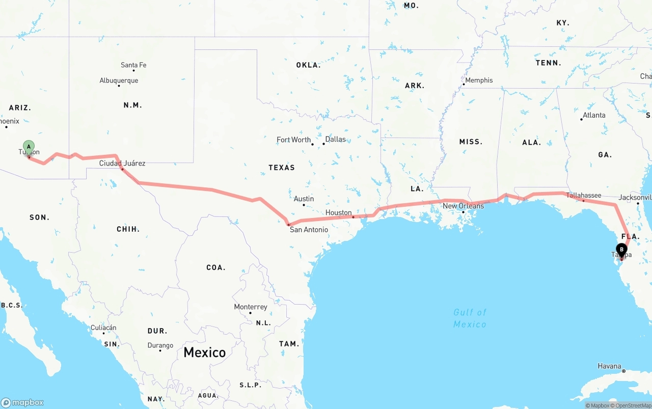 Shipping route from Tucson to Tampa