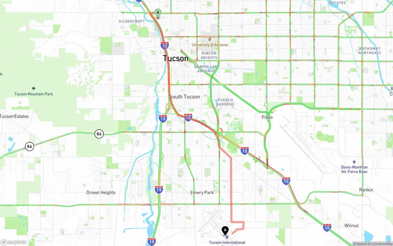 Shipping route from Tucson to Tucson International Airport