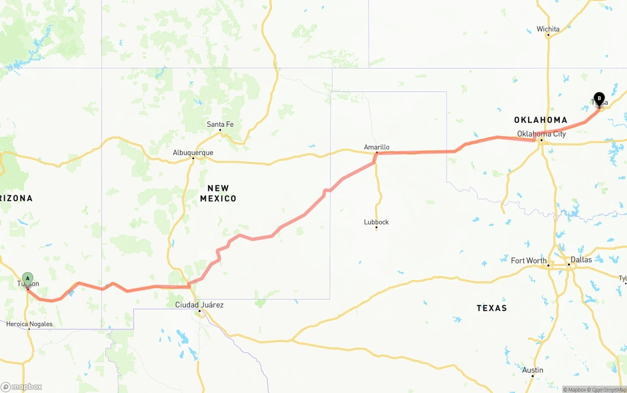 Shipping route from Tucson to Tulsa