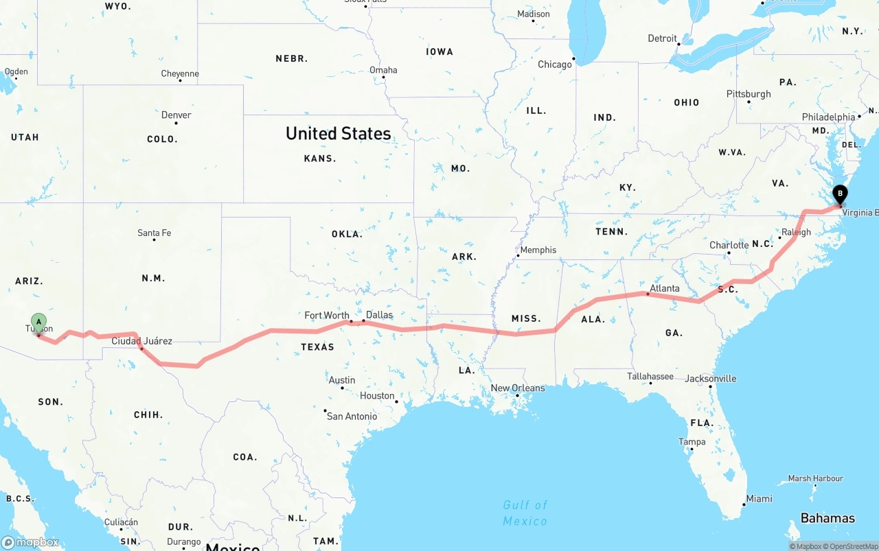 Shipping route from Tucson to Virginia Beach
