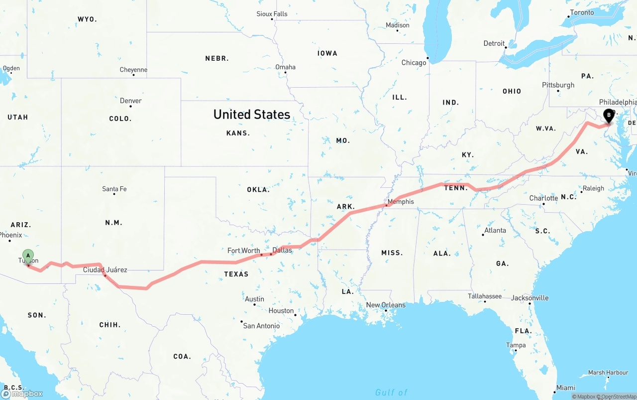Shipping route from Tucson to Washington D.C.