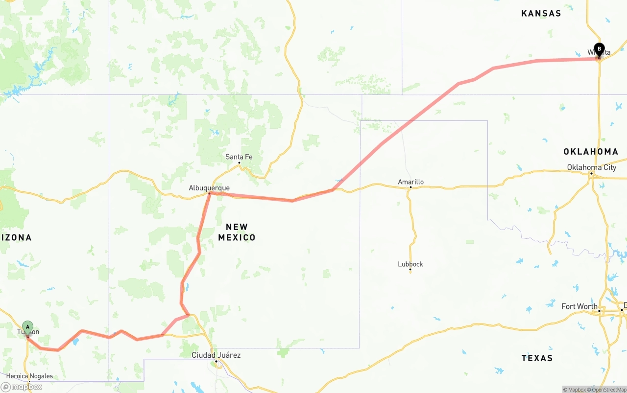 Shipping route from Tucson to Wichita