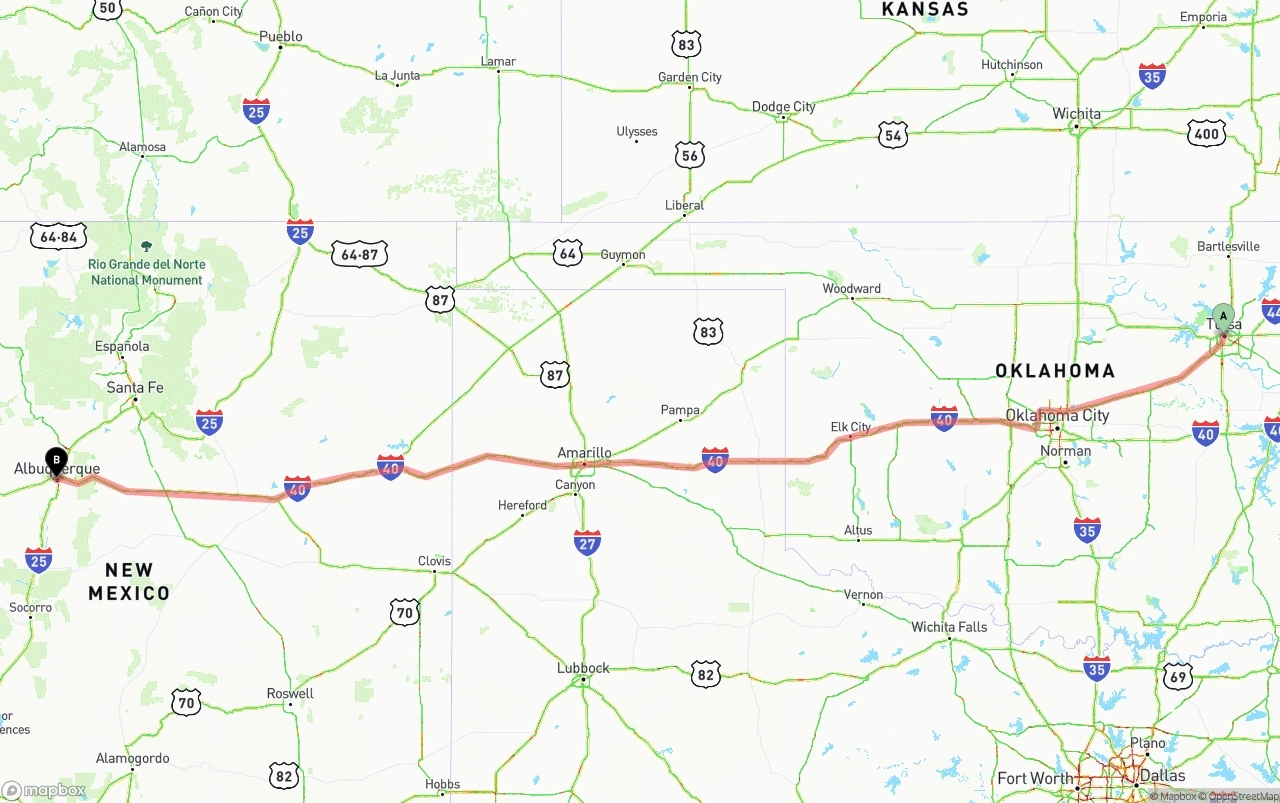 Shipping route from Tulsa to Albuquerque