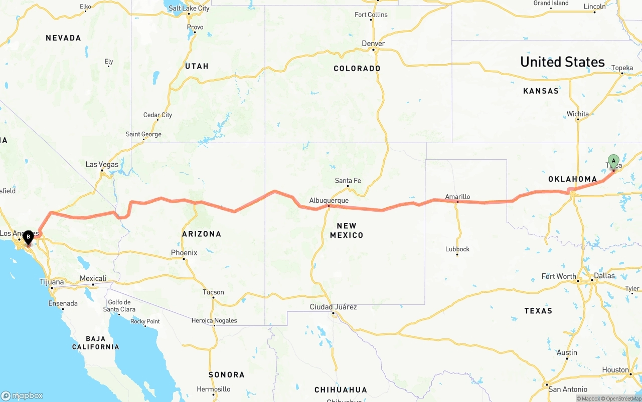 Shipping route from Tulsa to Anaheim
