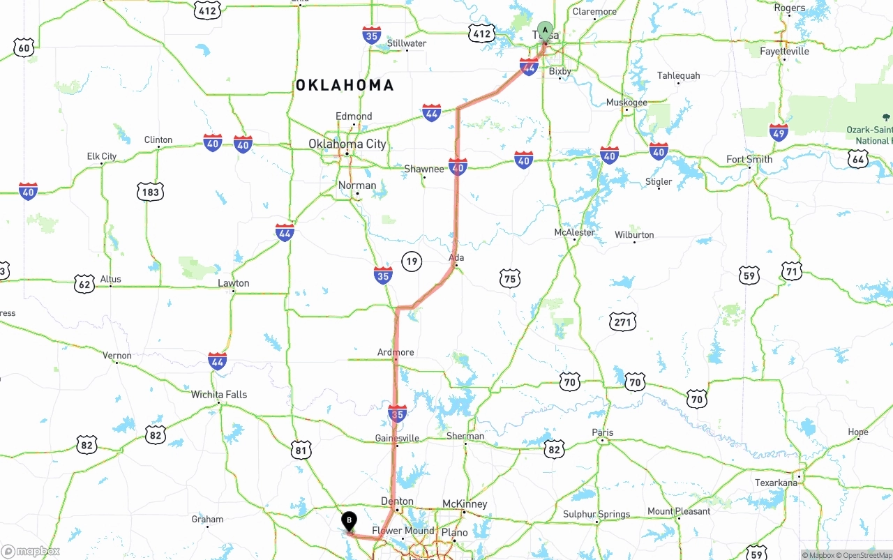 Shipping route from Tulsa to Aurora
