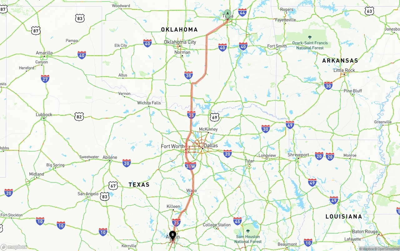 Shipping route from Tulsa to Austin