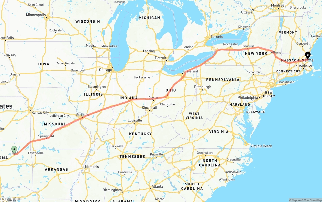 Shipping route from Tulsa to Boston