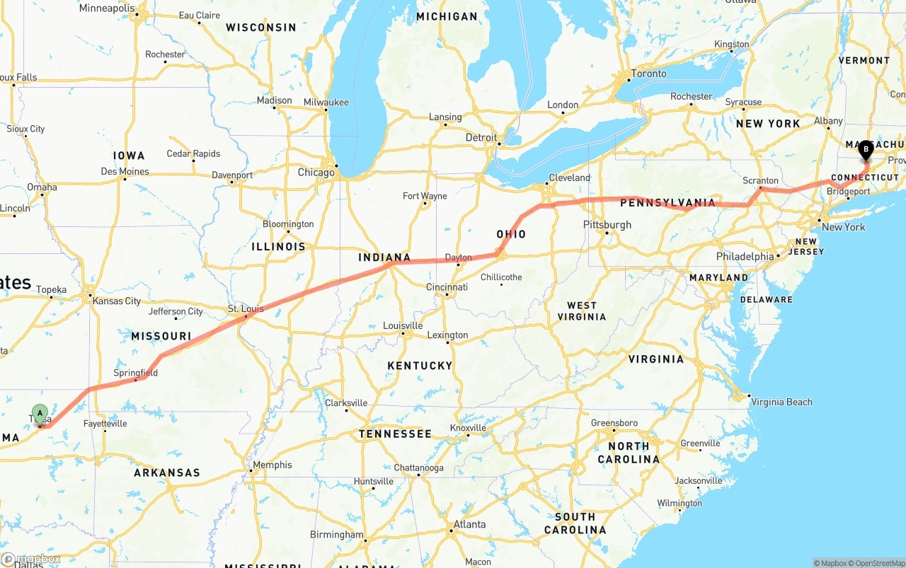 Shipping route from Tulsa to Bradley International Airport