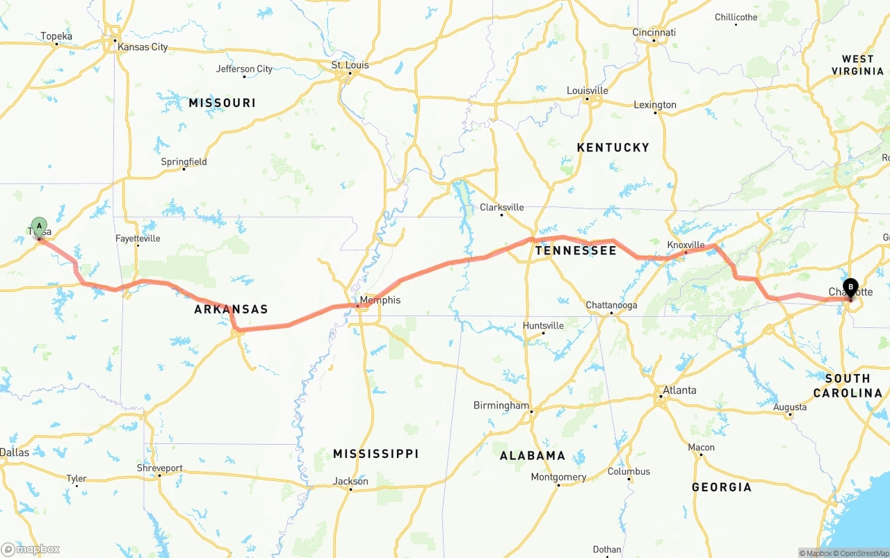 Shipping route from Tulsa to Charlotte