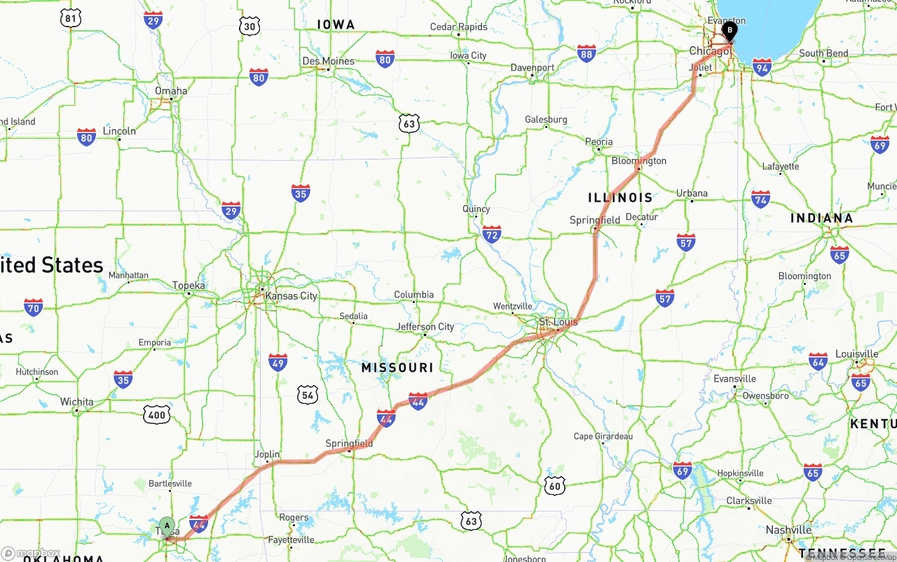 Shipping route from Tulsa to Chicago