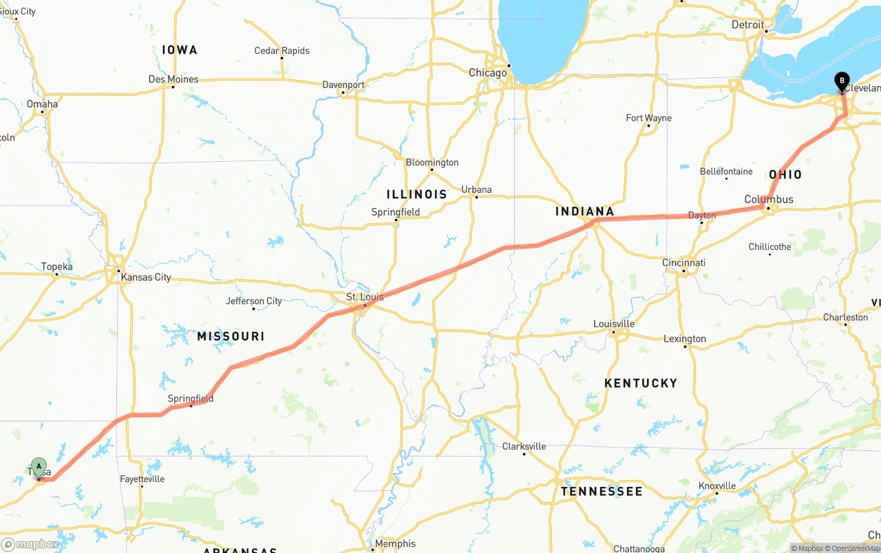 Shipping route from Tulsa to Cleveland
