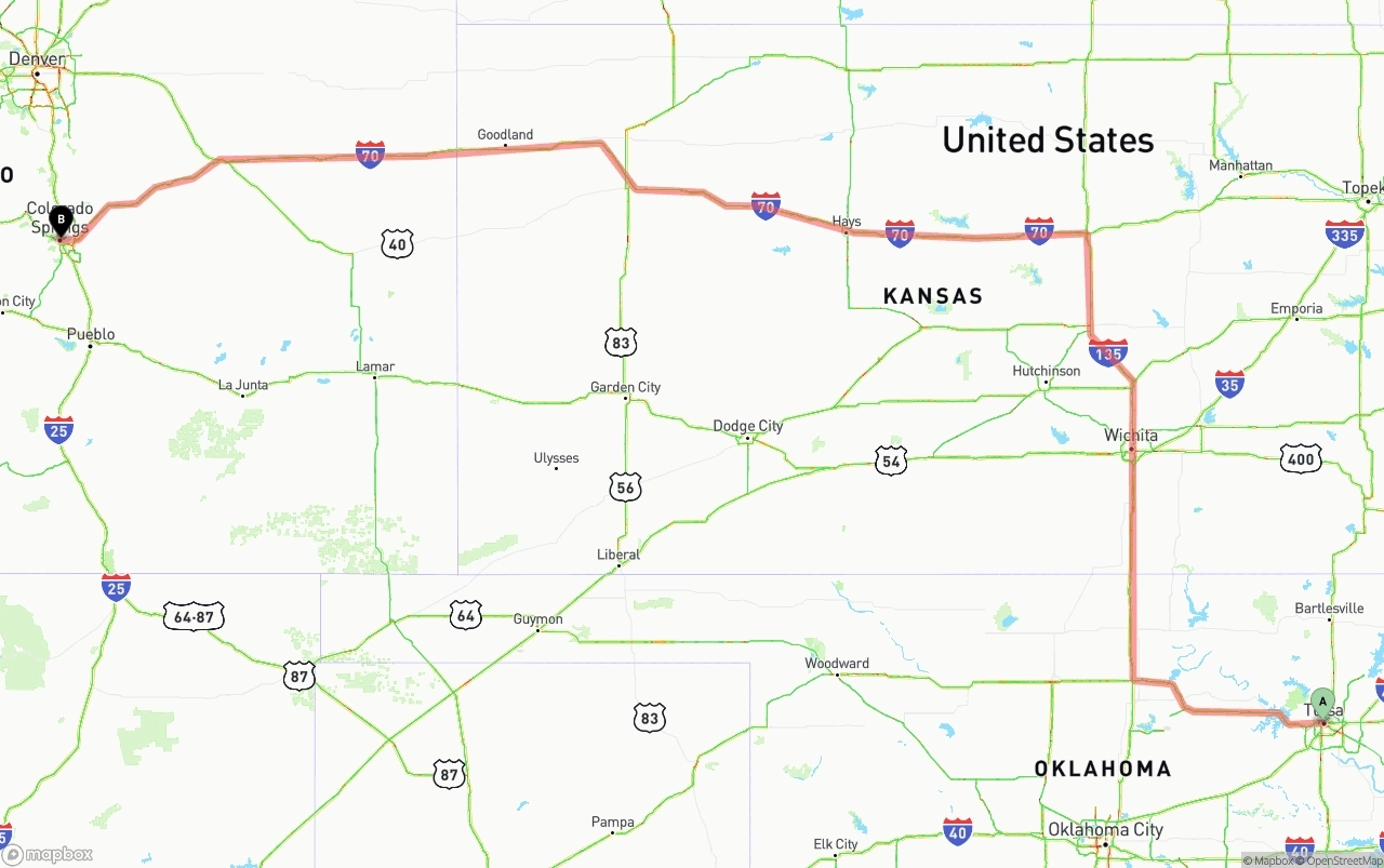 Shipping route from Tulsa to Colorado Springs