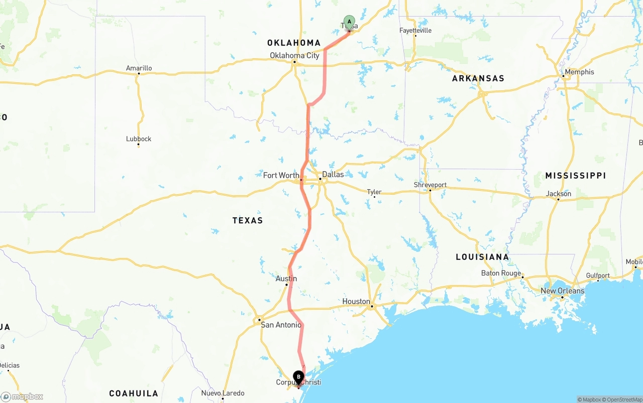 Shipping route from Tulsa to Corpus Christi