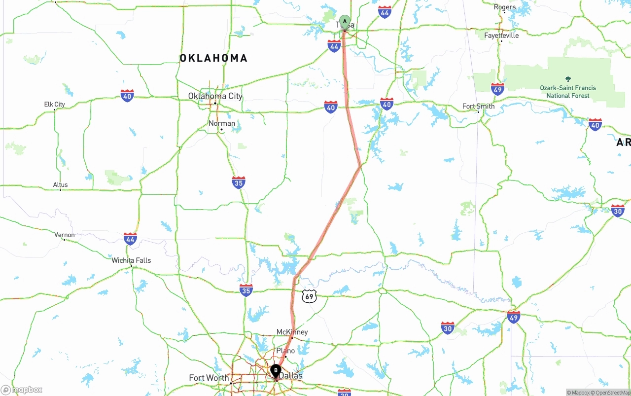 Shipping route from Tulsa to Dallas
