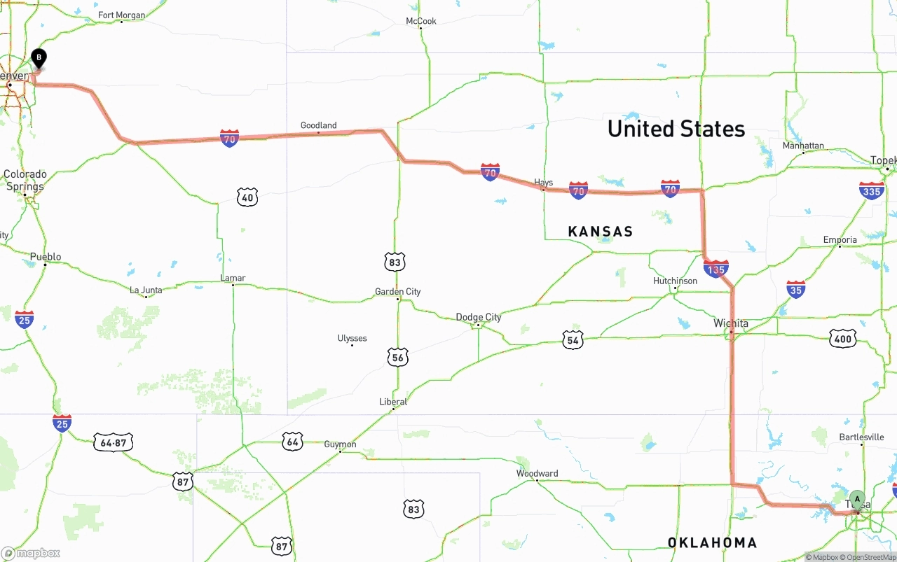 Shipping route from Tulsa to Denver International Airport